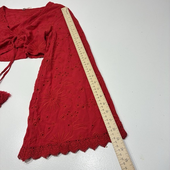 Forever 21 Women Top Red Eyelet Cropped Sz Large Boho Romantic Ballon Sleeve - Picture 6 of 15